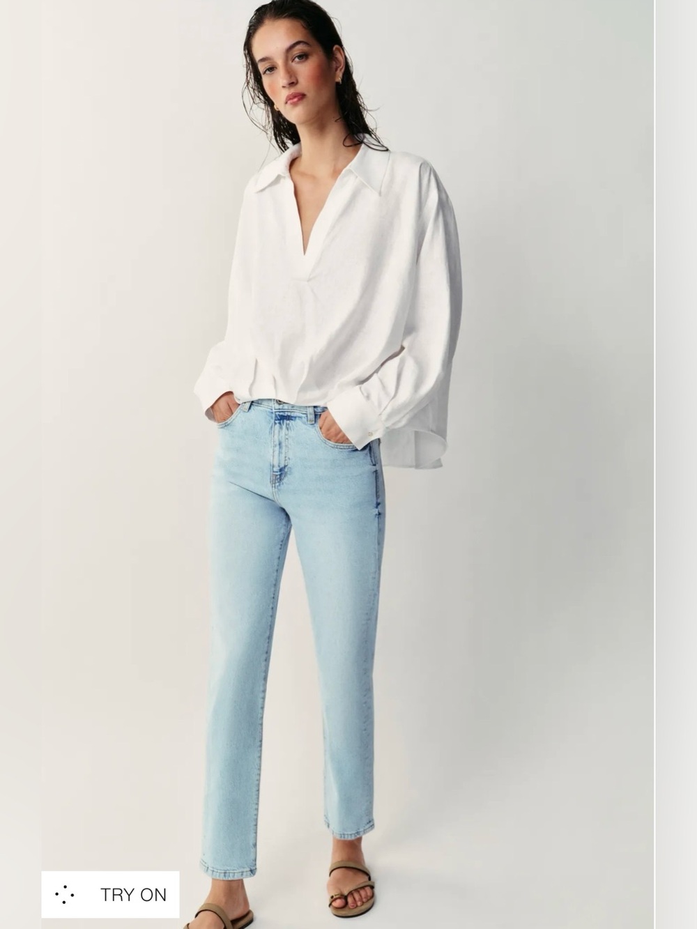 NWT Zara Z1975 High Rise Mom Fit Jeans Light Blue Frayed Raw Hem Denim 34 2